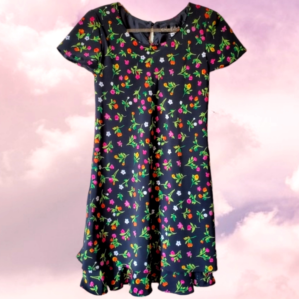 90's Floral Dress Colorful Bright Neon Black Summer Spring Dress